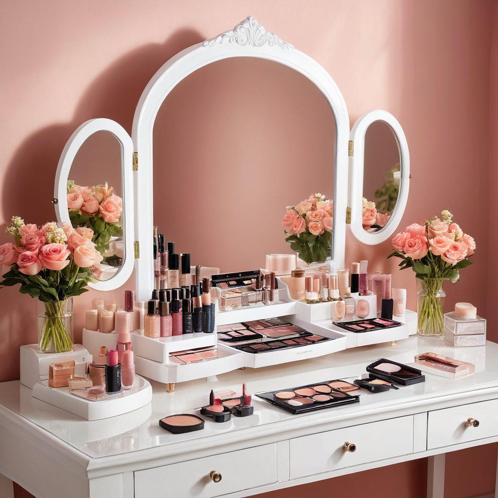 A beautifully arranged vanity displaying an array of Aloette makeup products, complemented by elegant floral accents. Include a soft-focus background with a model showcasing a stunning makeup look that radiates sophistication, in a well-lit, cozy setting. The color palette should be soft pastels with a touch of glamour. super-realistic. vibrant colors. white background.
