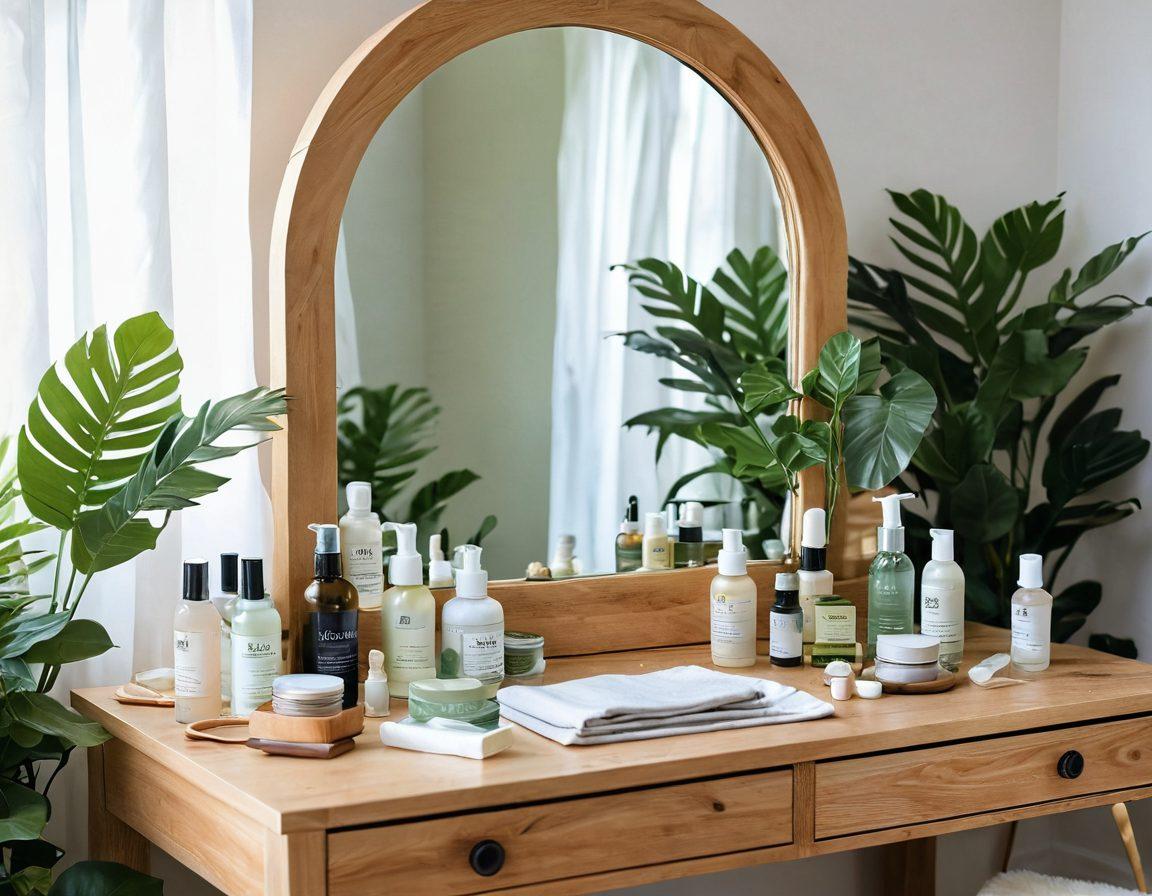 A glamorous vanity setup featuring eco-friendly beauty products, surrounded by lush greenery and soft pastel colors. Showcase elegant glass bottles, natural cosmetics, and an organic skincare routine, all beautifully arranged on a wooden table. Incorporate elements like soft light streaming through leaves, and a reflection of a radiant woman enjoying her skincare ritual in a mirror. The atmosphere should feel serene and inviting, emphasizing the harmony between beauty and nature. super-realistic. vibrant colors. airy background.